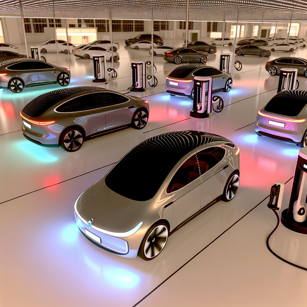 Futuristic cars charging, connecting, driving autonomously.