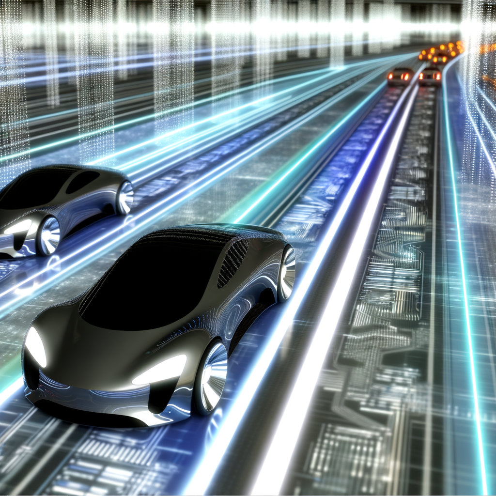 Futuristic cars driving on a digital road.