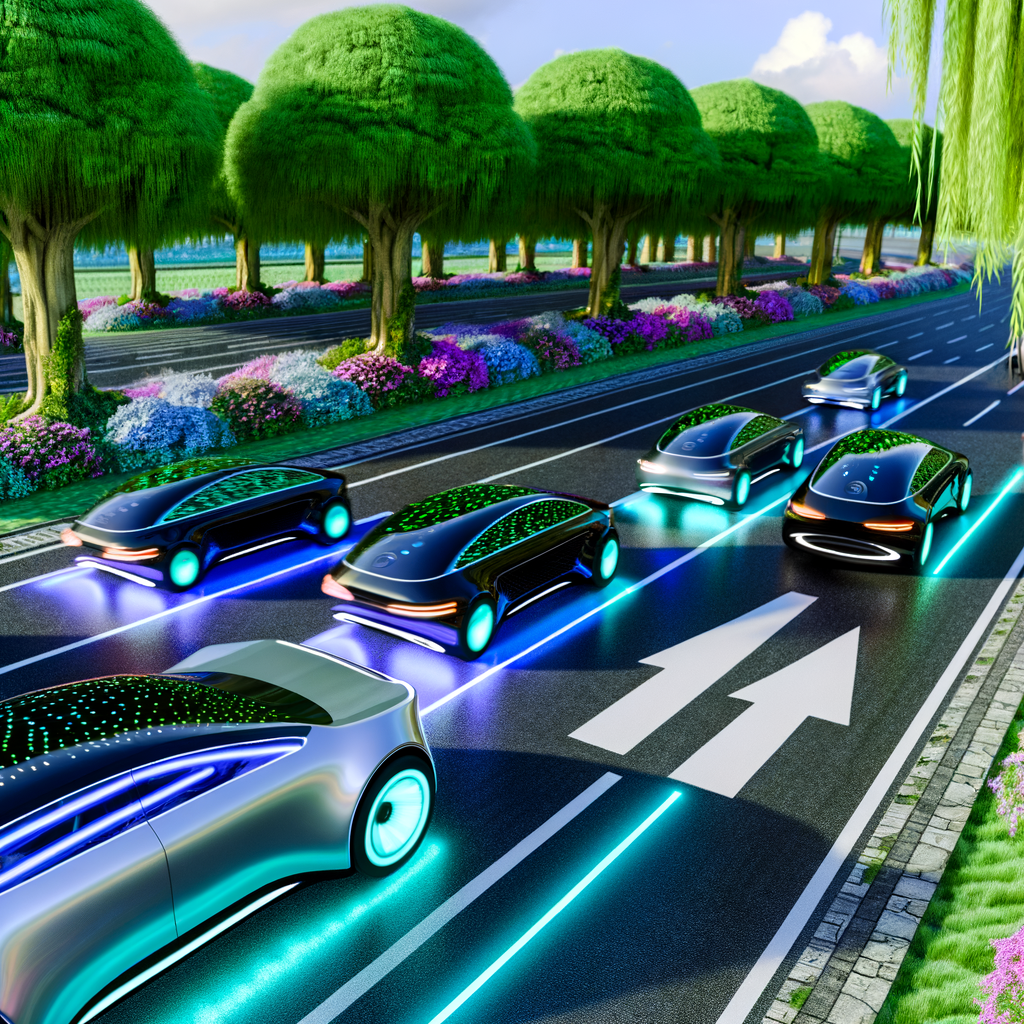 Futuristic cars driving towards greener tomorrow.