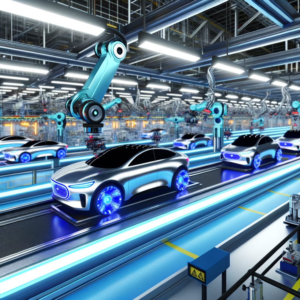 Futuristic cars showcasing innovation on assembly line.