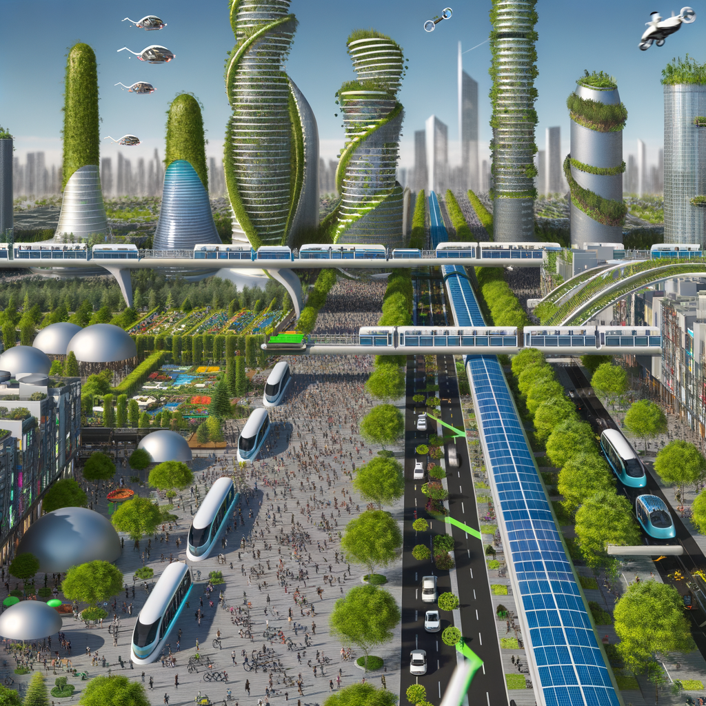 Futuristic cityscape with diverse, green transport.