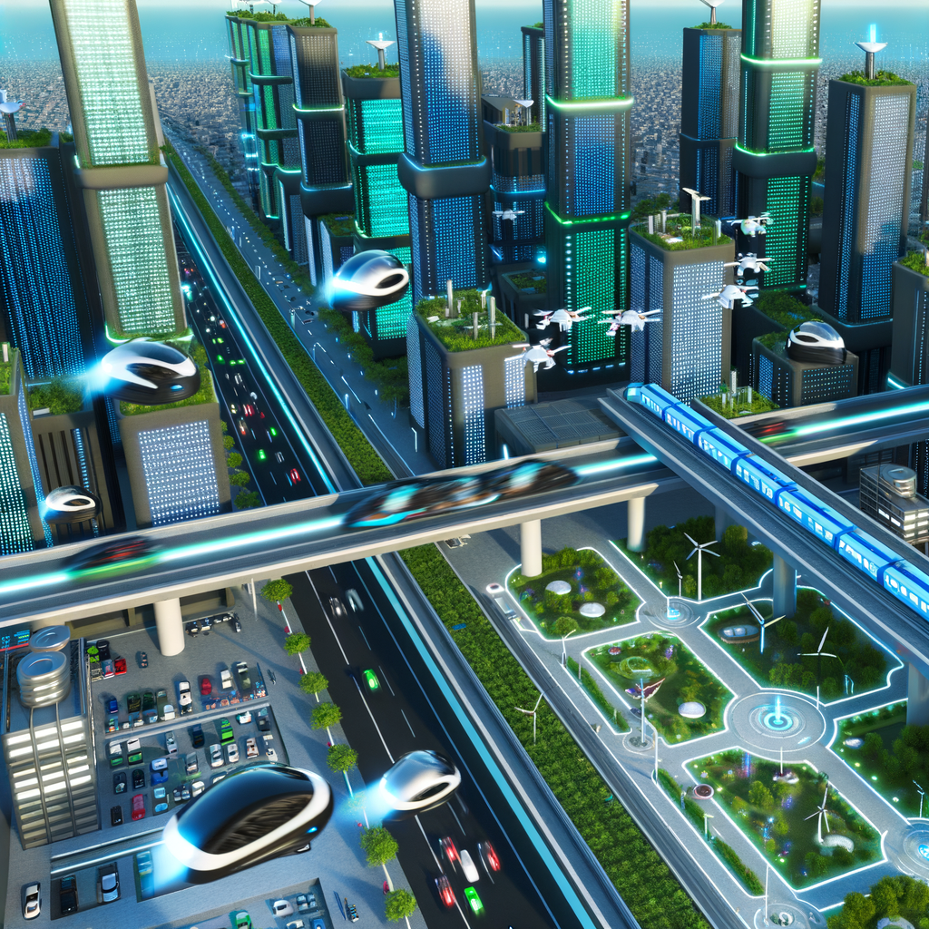 Futuristic cityscape with diverse mobility options.