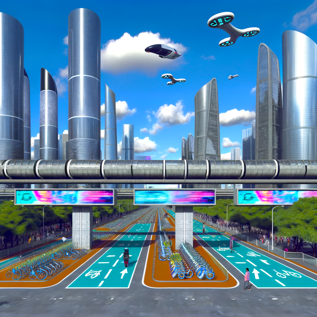 Futuristic cityscape with diverse mobility solutions.