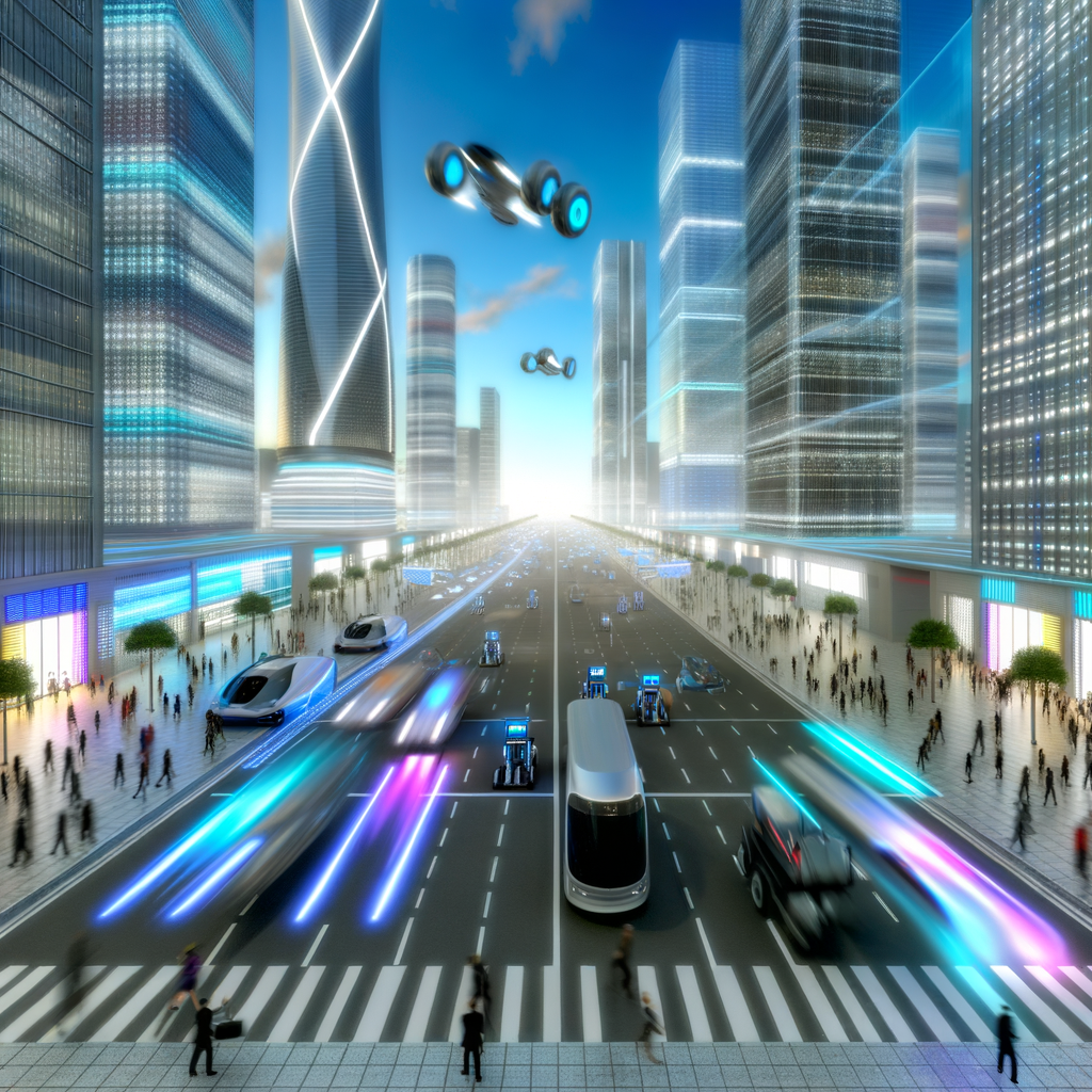 Futuristic cityscape with diverse mobility modes.