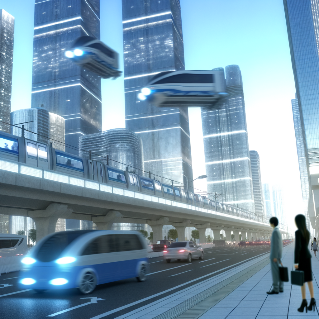 Futuristic cityscape with diverse transit options.