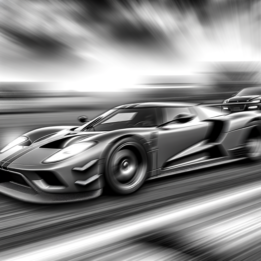 High-speed cars blur in dramatic motion.