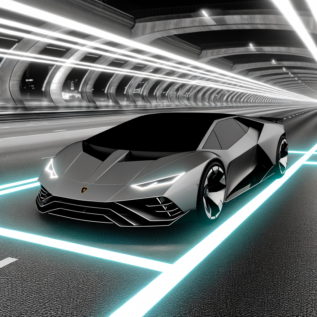 Lamborghini hybrid supercar on futuristic road.