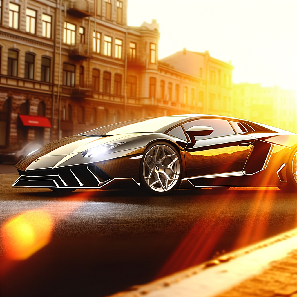 Sleek Lamborghini supercar in urban sunset.