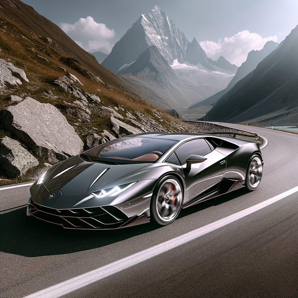 Sleek Lamborghini supercar on mountain road.