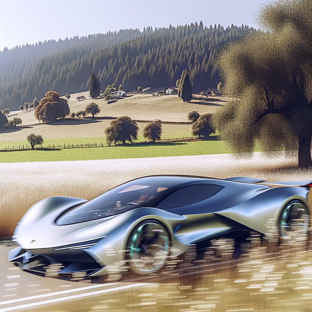 Sleek Lamborghini supercar speeding through countryside.