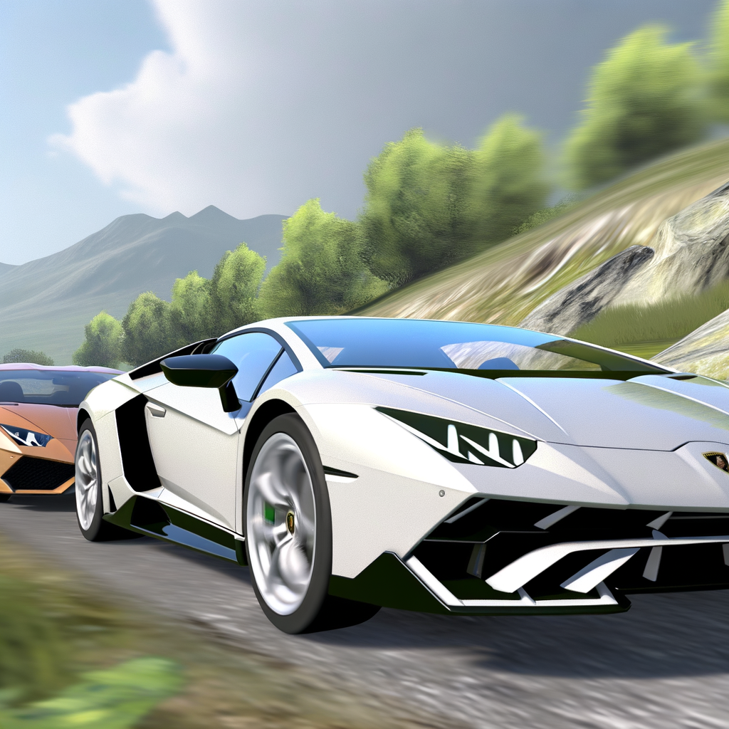 Sleek Lamborghini supercars on scenic road.