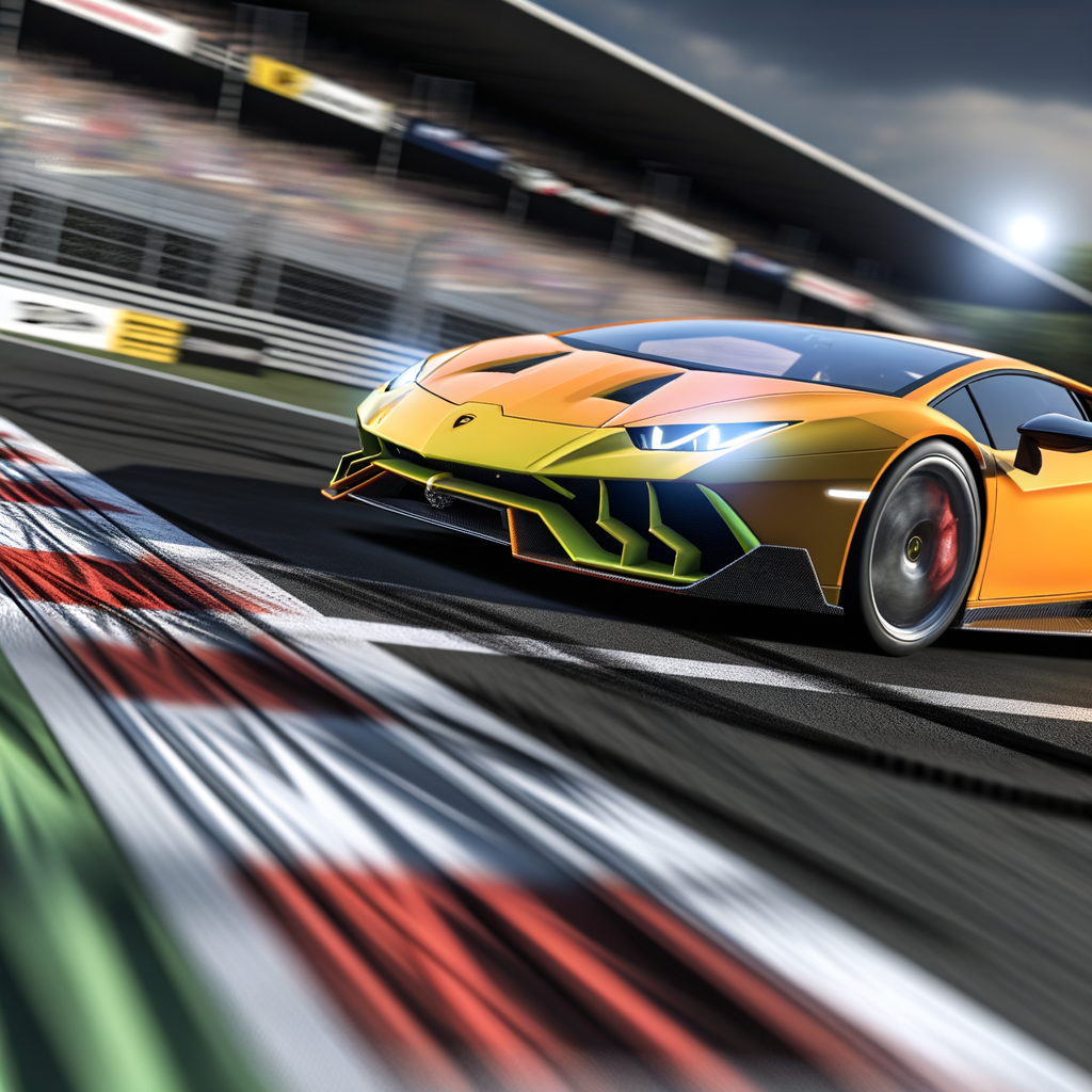 A Lamborghini supercar speeding on a racetrack.