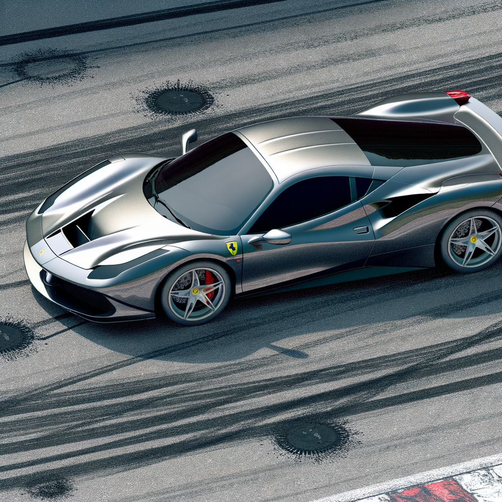 A sleek Ferrari supercar on racetrack.