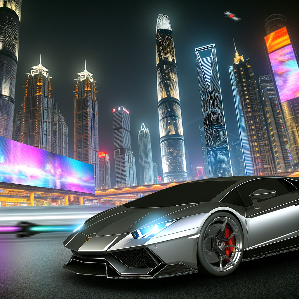 A sleek Lamborghini amidst futuristic cityscape.