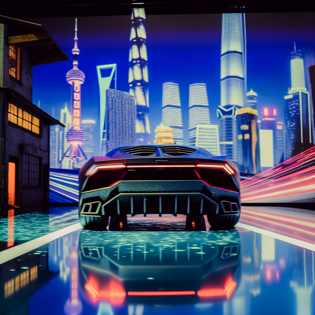 A sleek Lamborghini speeds through futuristic cityscape.