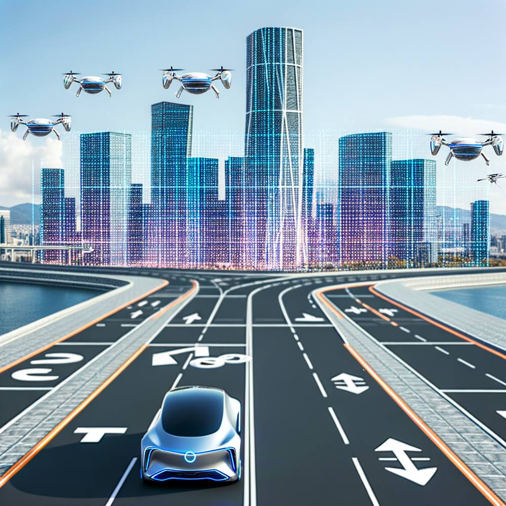 Autonomous cars navigate futuristic AI-driven landscape.