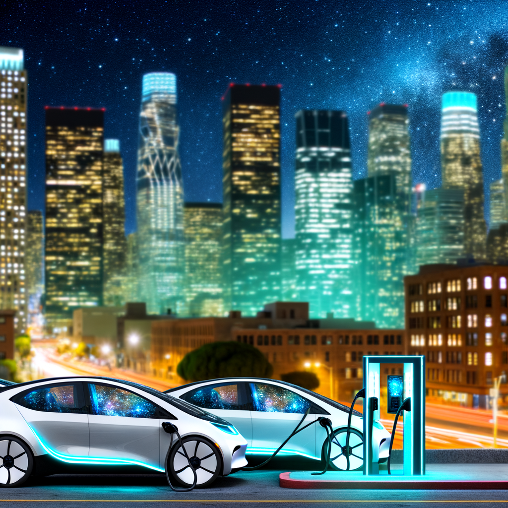 Electric cars charging, future city skyline.