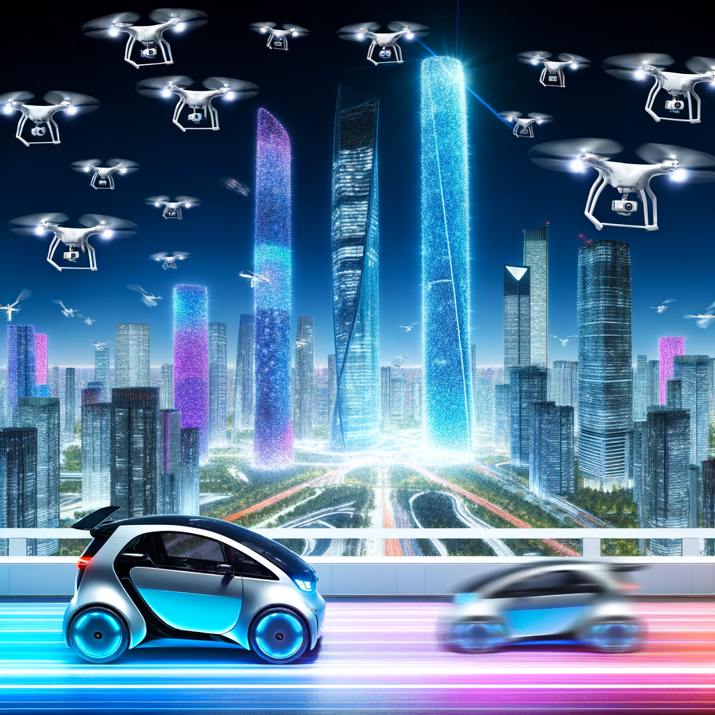 Electric cars, drones, futuristic cityscape panorama.