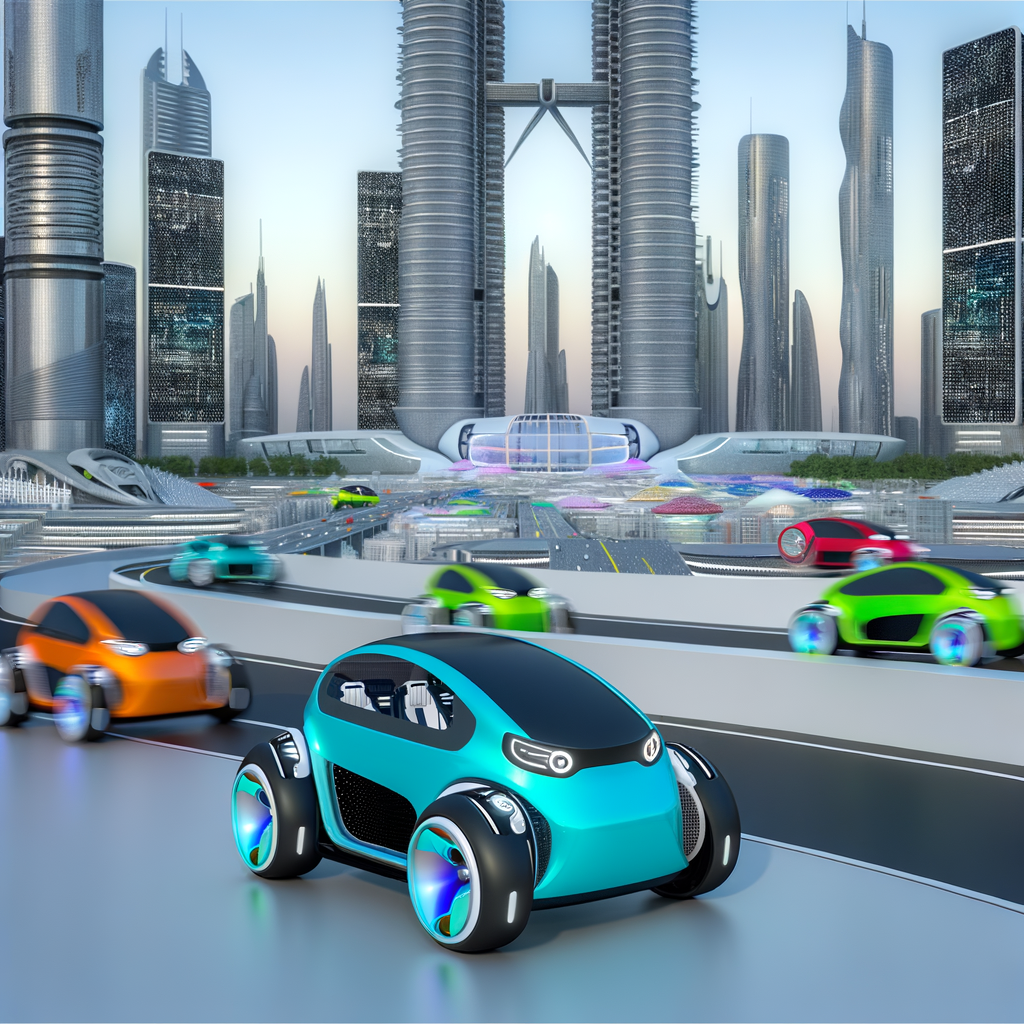 Electric cars forefront futuristic cityscape skyline.