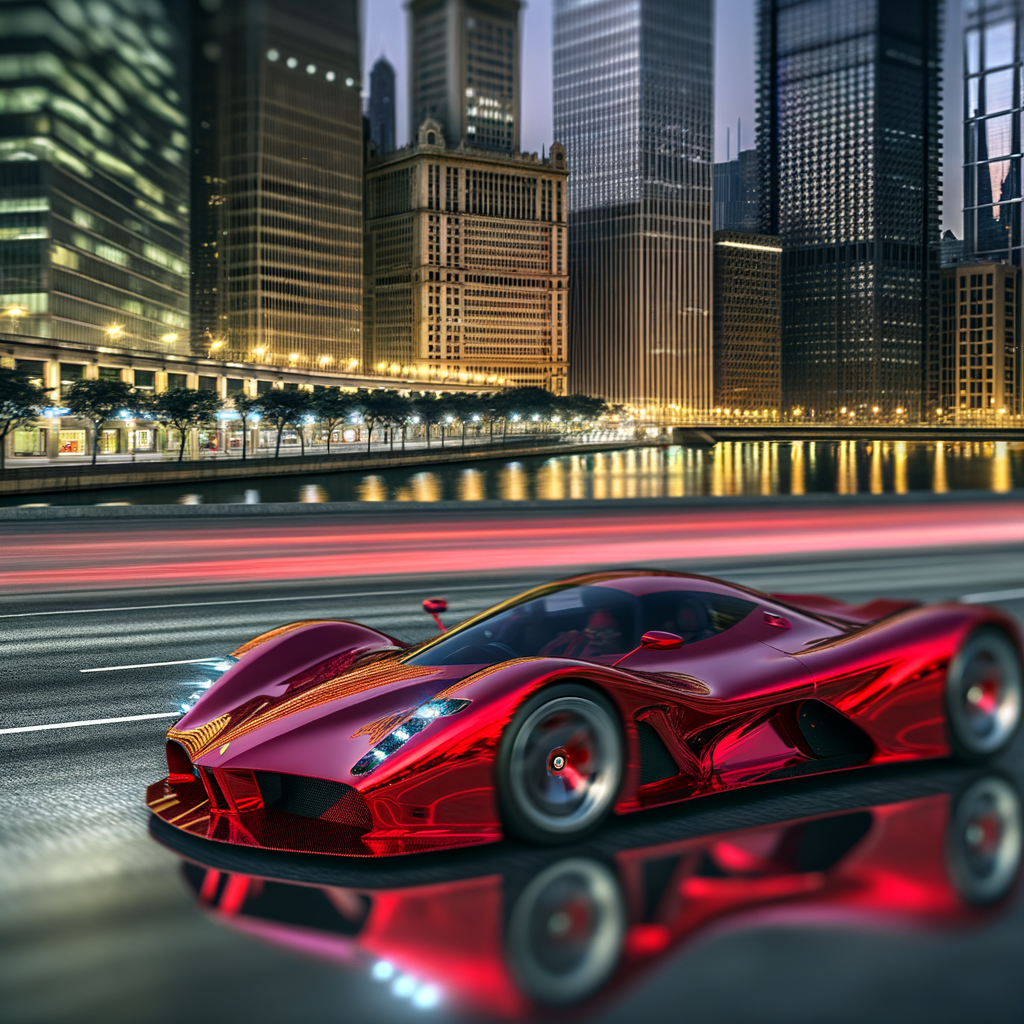 Ferrari hybrid supercar speeding through cityscape.