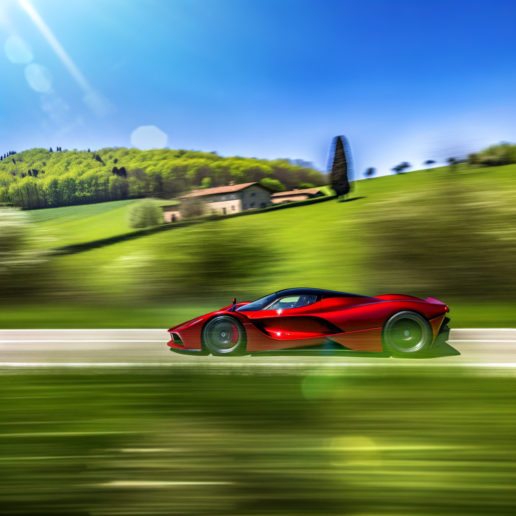 Ferrari hypercar speeding through Italian countryside.