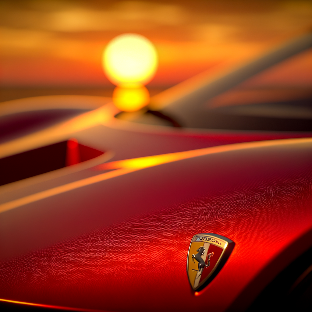 Ferrari supercar at golden hour sunset.