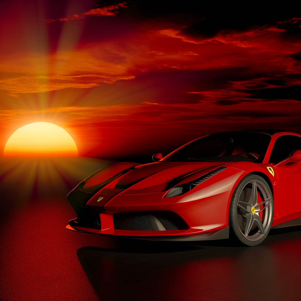 Ferrari supercar gleaming under sunset sky.