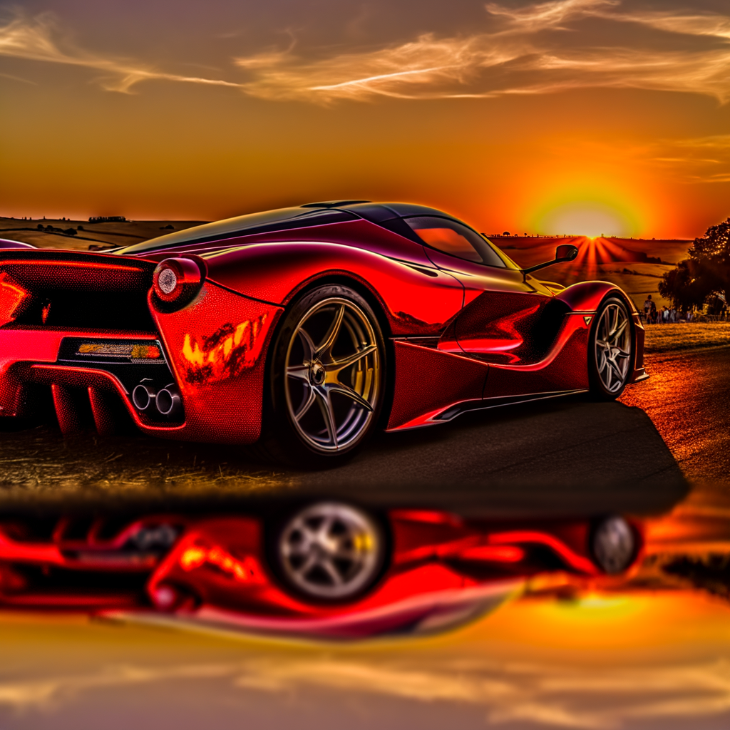 Ferrari supercar glistening in Maranello sunset.