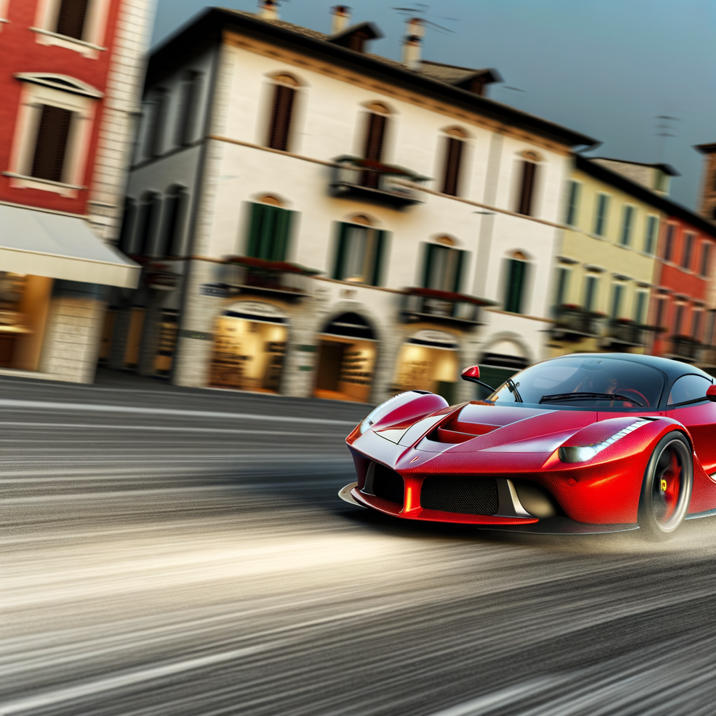 Ferrari supercar speeding through Maranello streets.