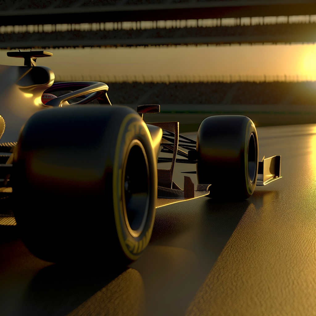 Formula 1 cars racing at sunset.