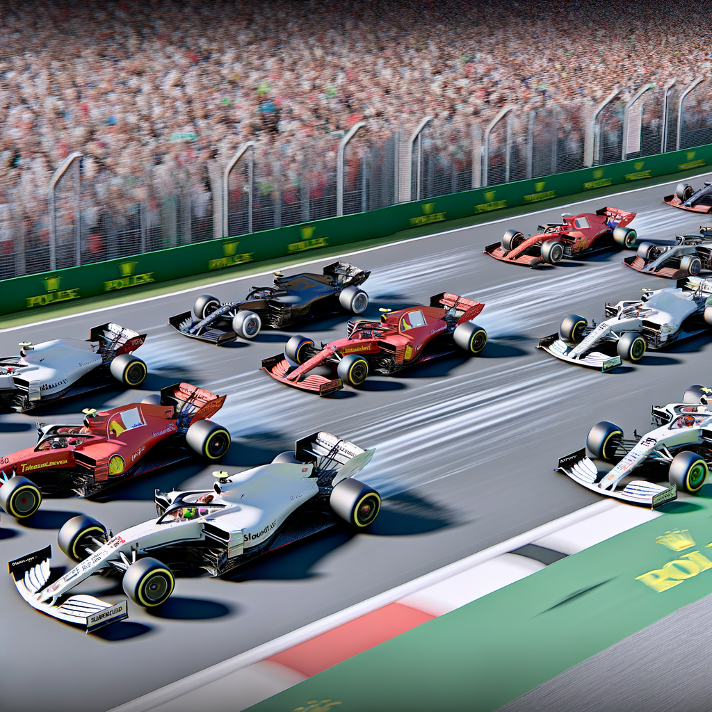 Formula 1 cars speed on iconic circuit.