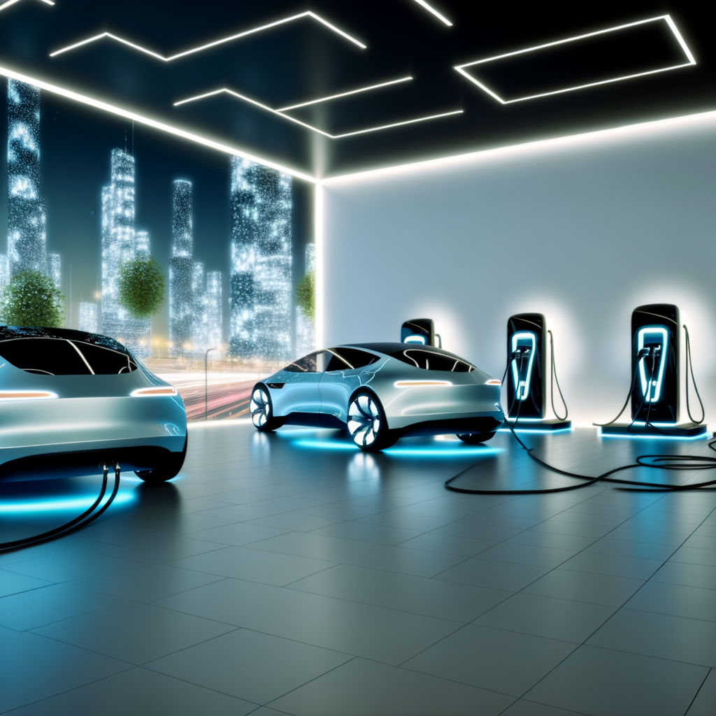 Futuristic cars charging in a digital showroom.