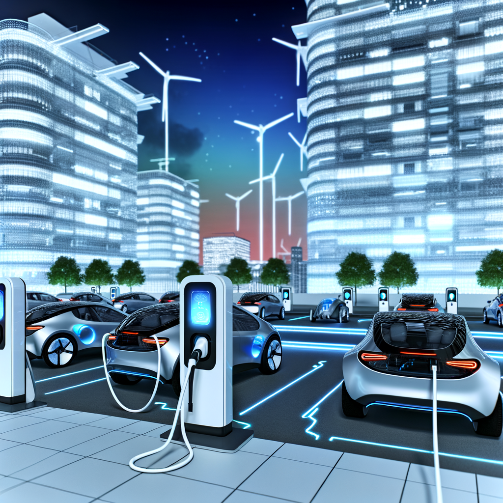 Futuristic cars charging in smart cityscape