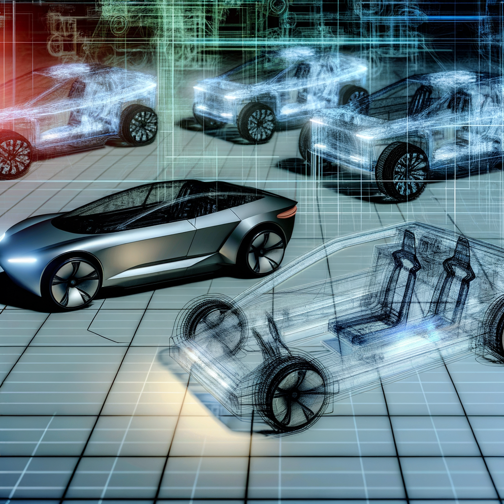 Futuristic cars emerging from digital blueprint.