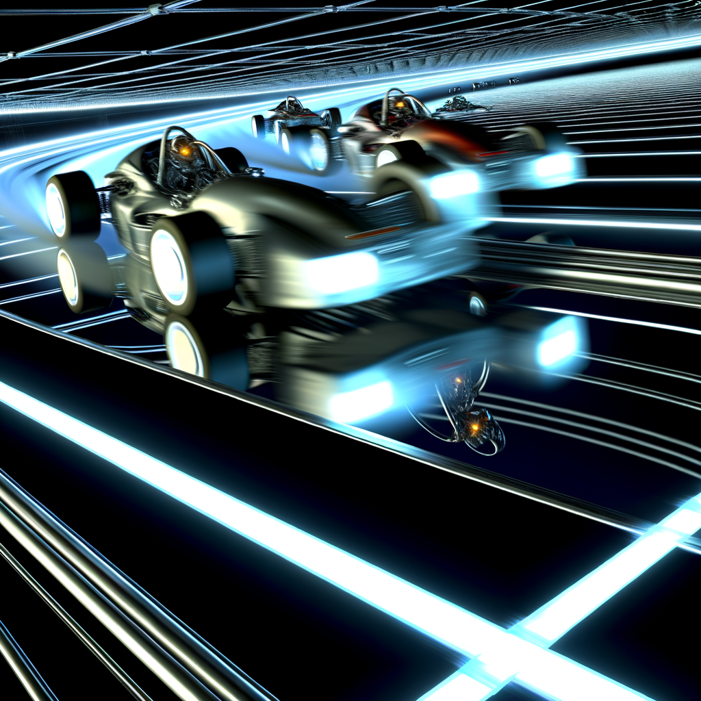 Futuristic cars racing on a digital track.