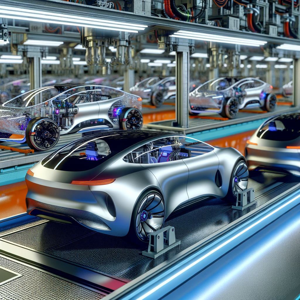 Futuristic cars showcasing innovation on assembly line.