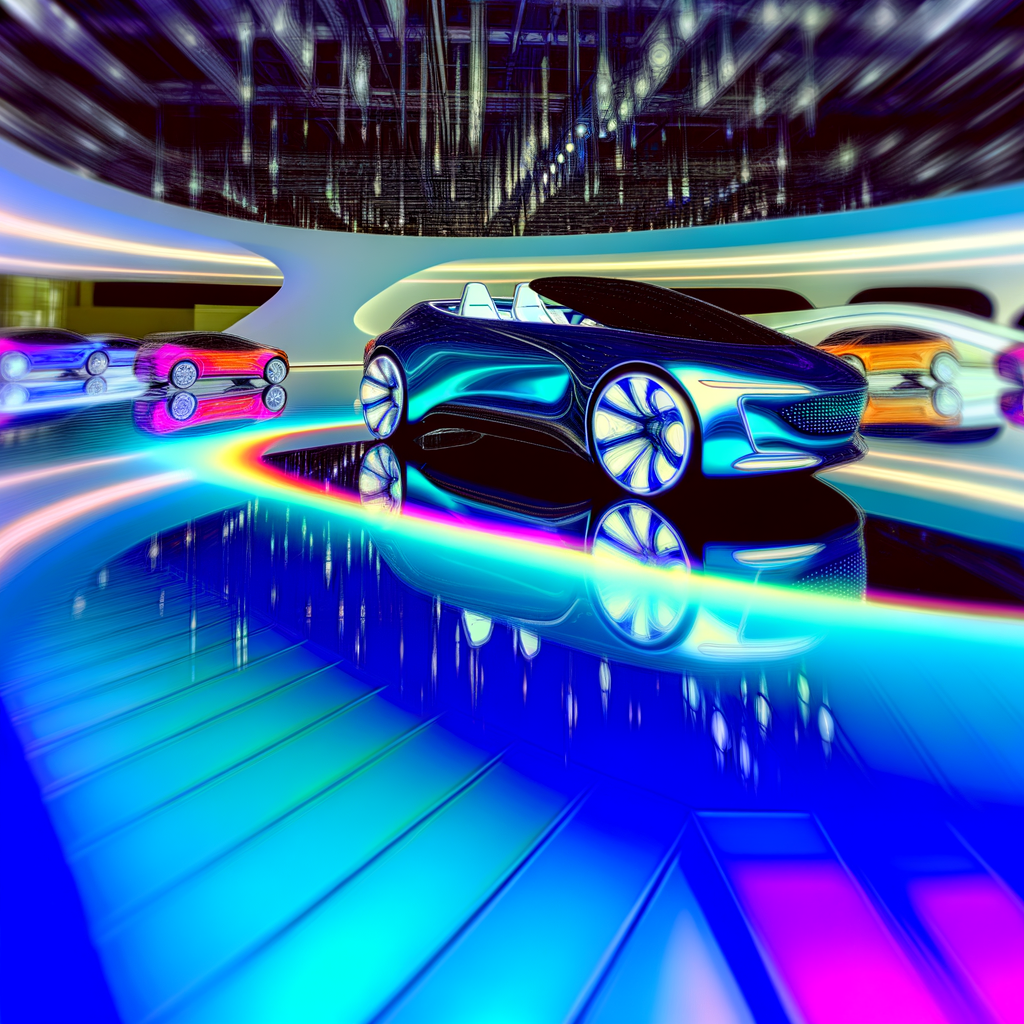 Futuristic cars showcasing technology on vibrant display.