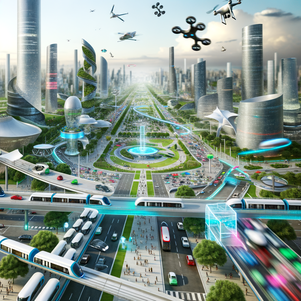 Futuristic cityscape blending diverse mobility solutions.