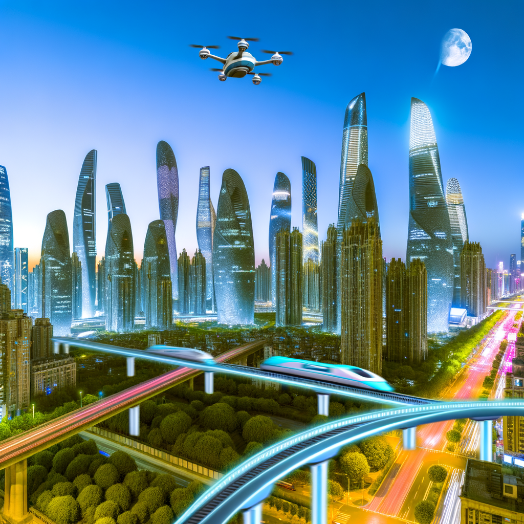 Futuristic cityscape with diverse mobility solutions.