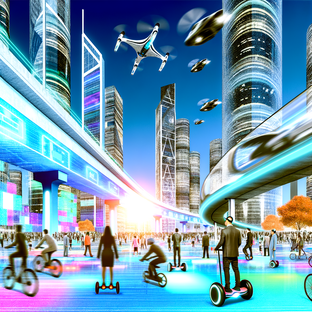 Futuristic cityscape with diverse mobility solutions.