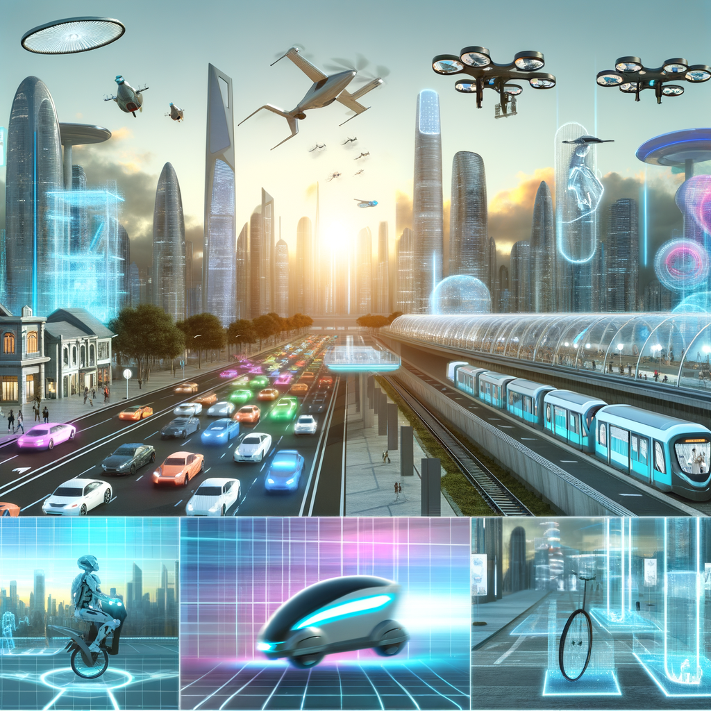 Futuristic cityscape with diverse mobility solutions.