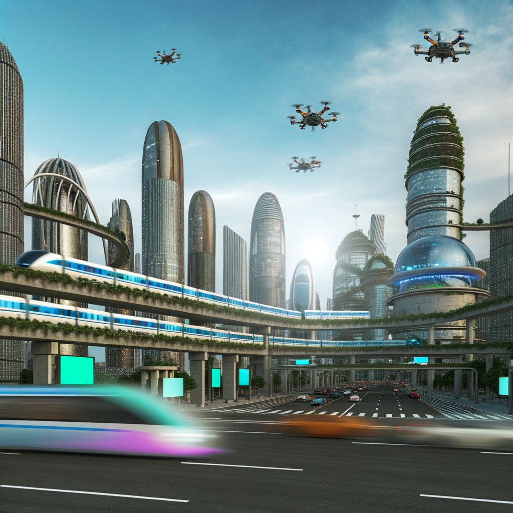 Futuristic cityscape with diverse mobility solutions.