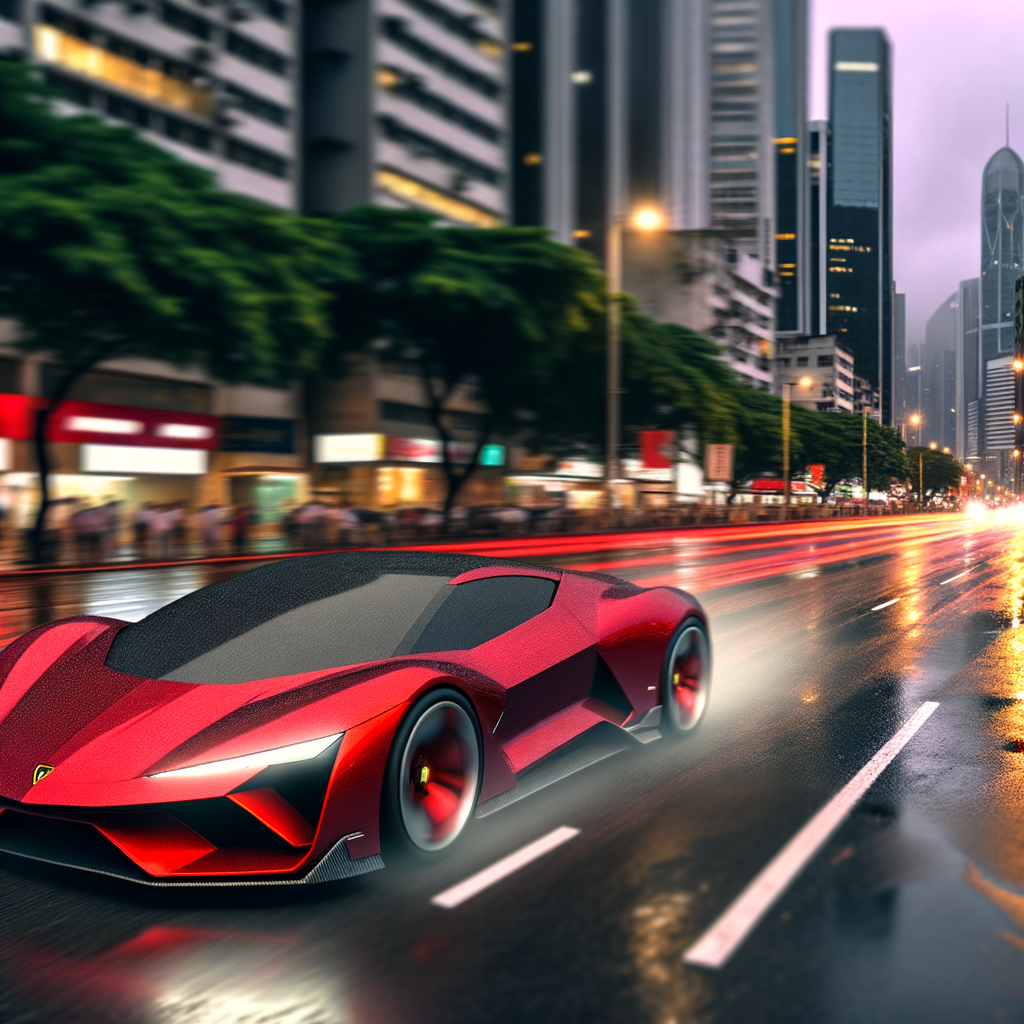 Lamborghini hybrid supercar speeding through city.