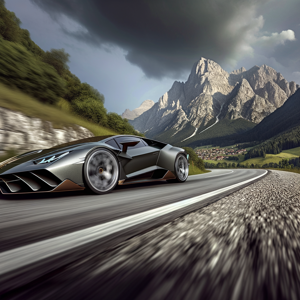 Lamborghini supercar on scenic mountain road.