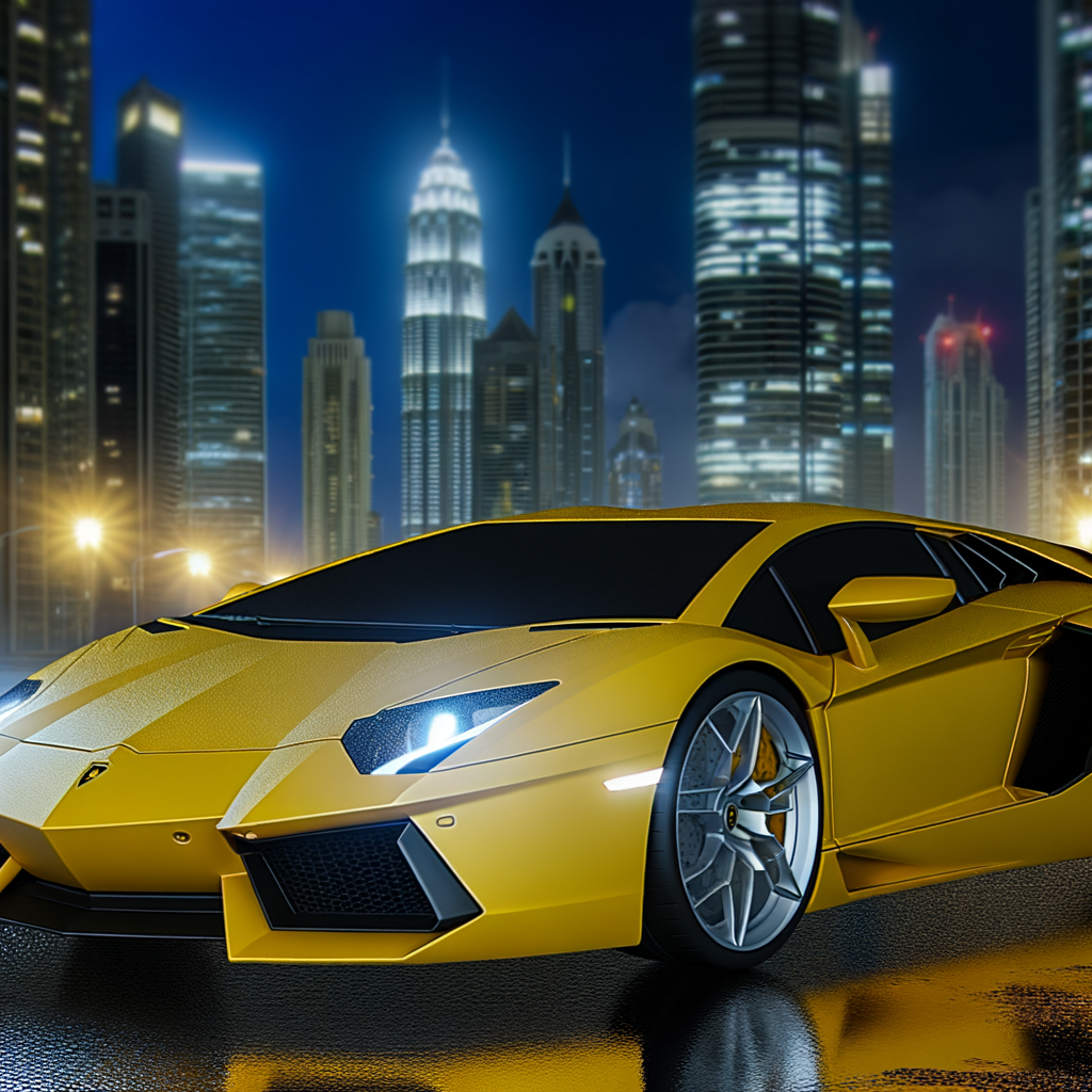 Lamborghini supercar on sleek urban backdrop.