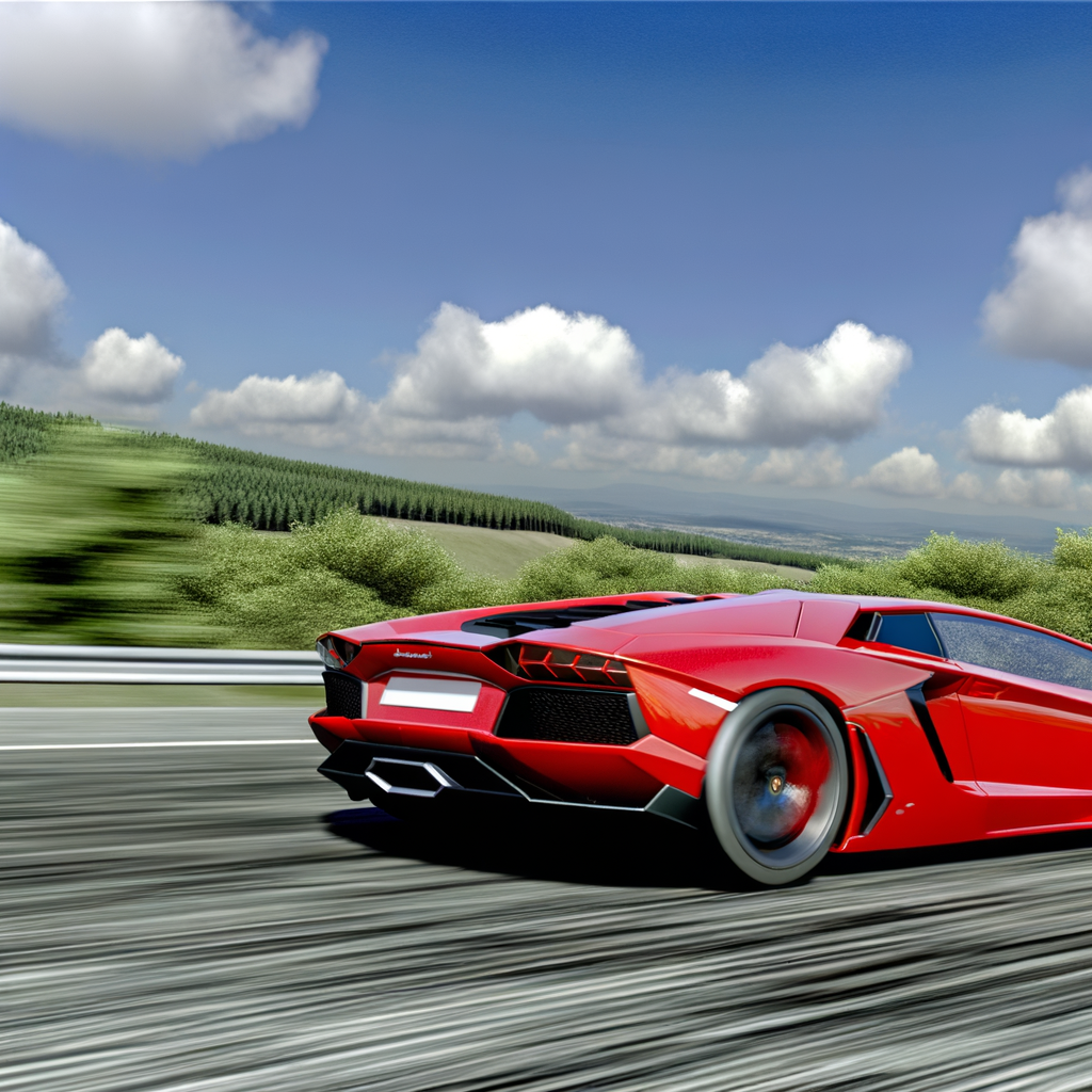 Lamborghini supercar speeding on scenic highway.