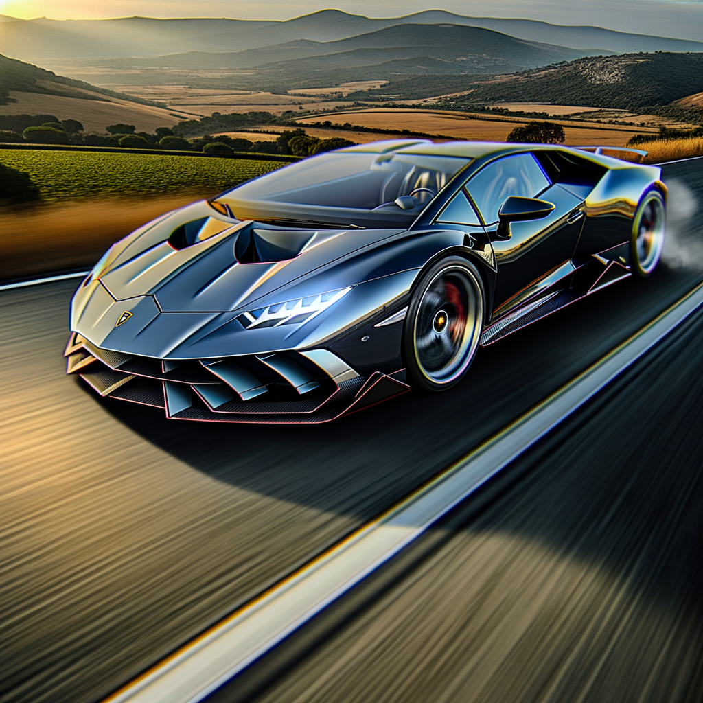 Lamborghini supercar speeding on scenic highway.