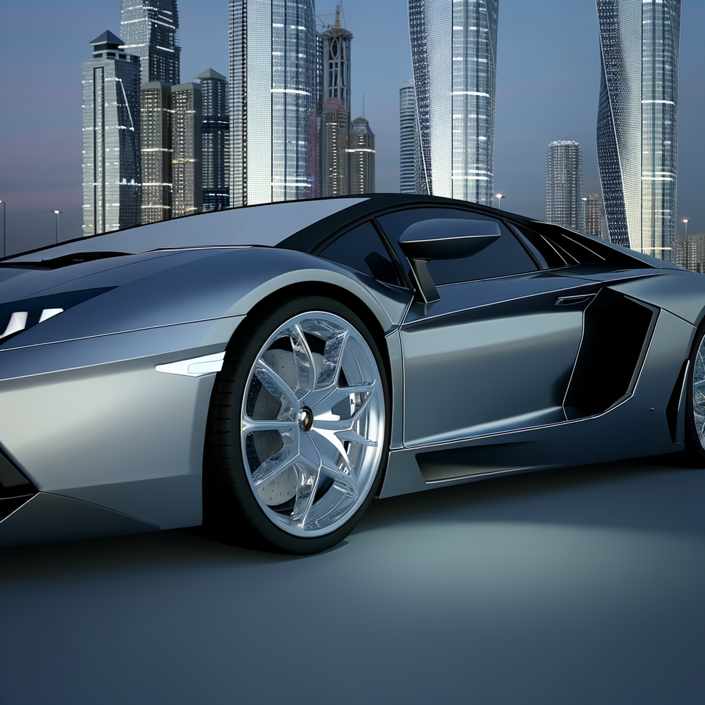 Sleek Lamborghini supercar on futuristic backdrop.