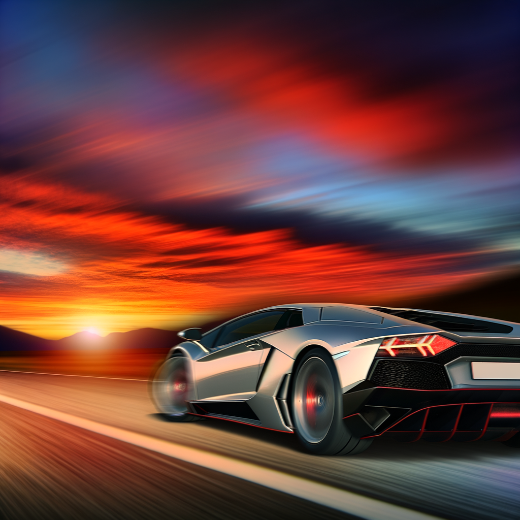 Sleek Lamborghini supercar speeding under sunset.