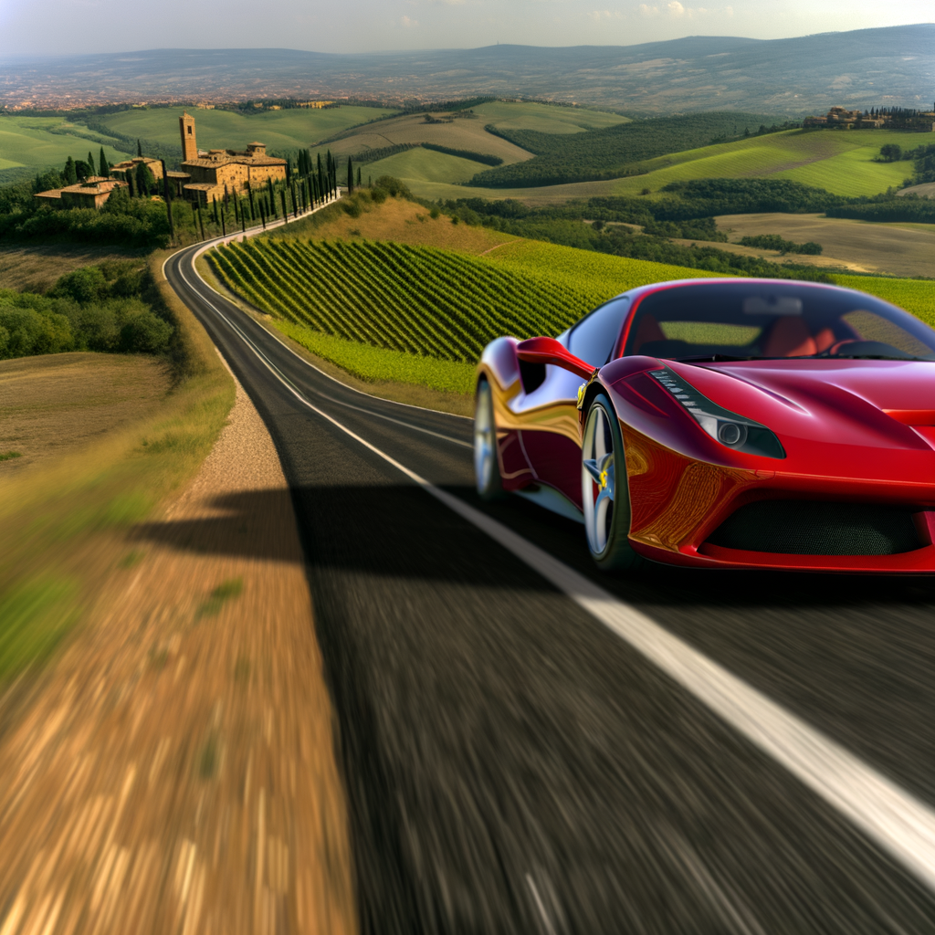 A Ferrari supercar, speeding through Tuscany.